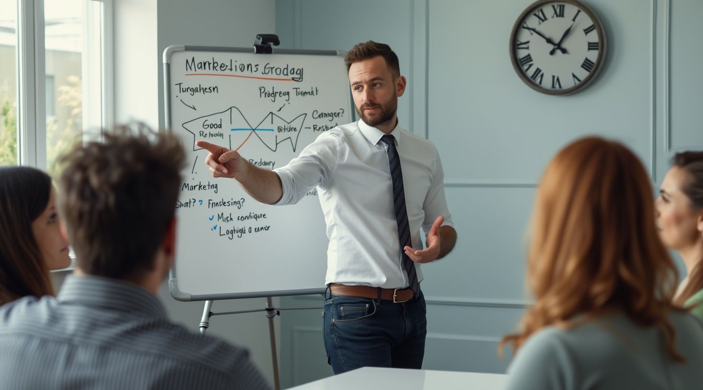 A small business marketing coach, wearing a tie, presents to a group, pointing to a whiteboard filled with strategic diagrams and text. A clock ticks softly on the wall behind him as he shares insightful strategies.