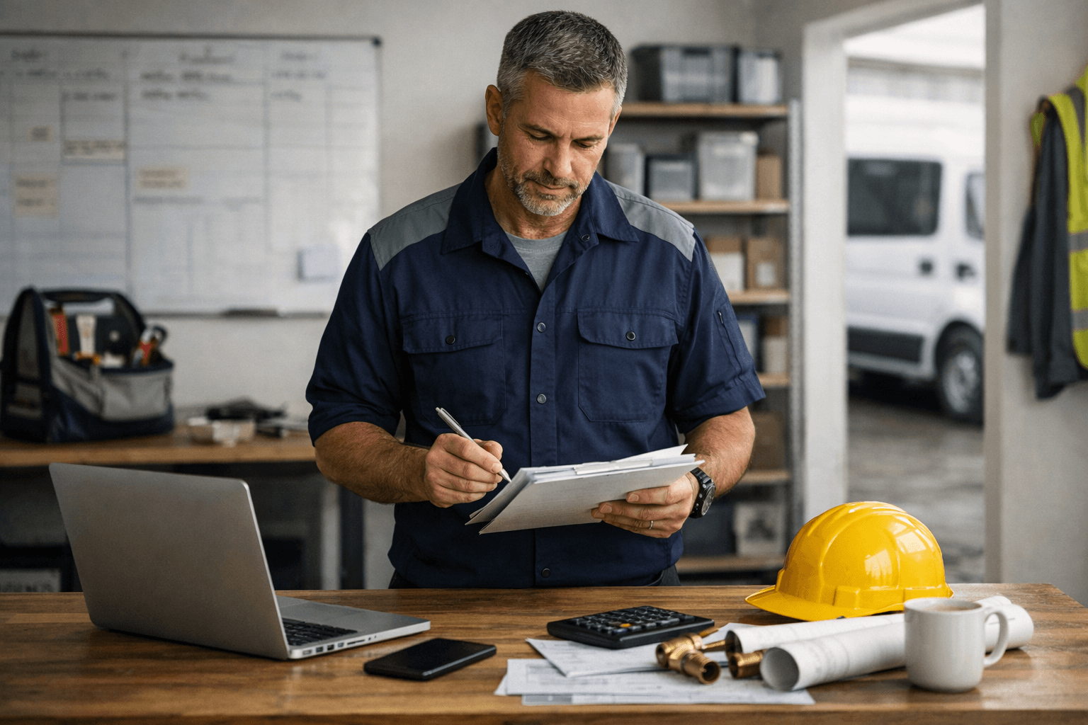 Man in work shirt writing on a clipboard at a desk with a laptop, calculator, blueprints, smartphone, and yellow hard hat in an office setting.