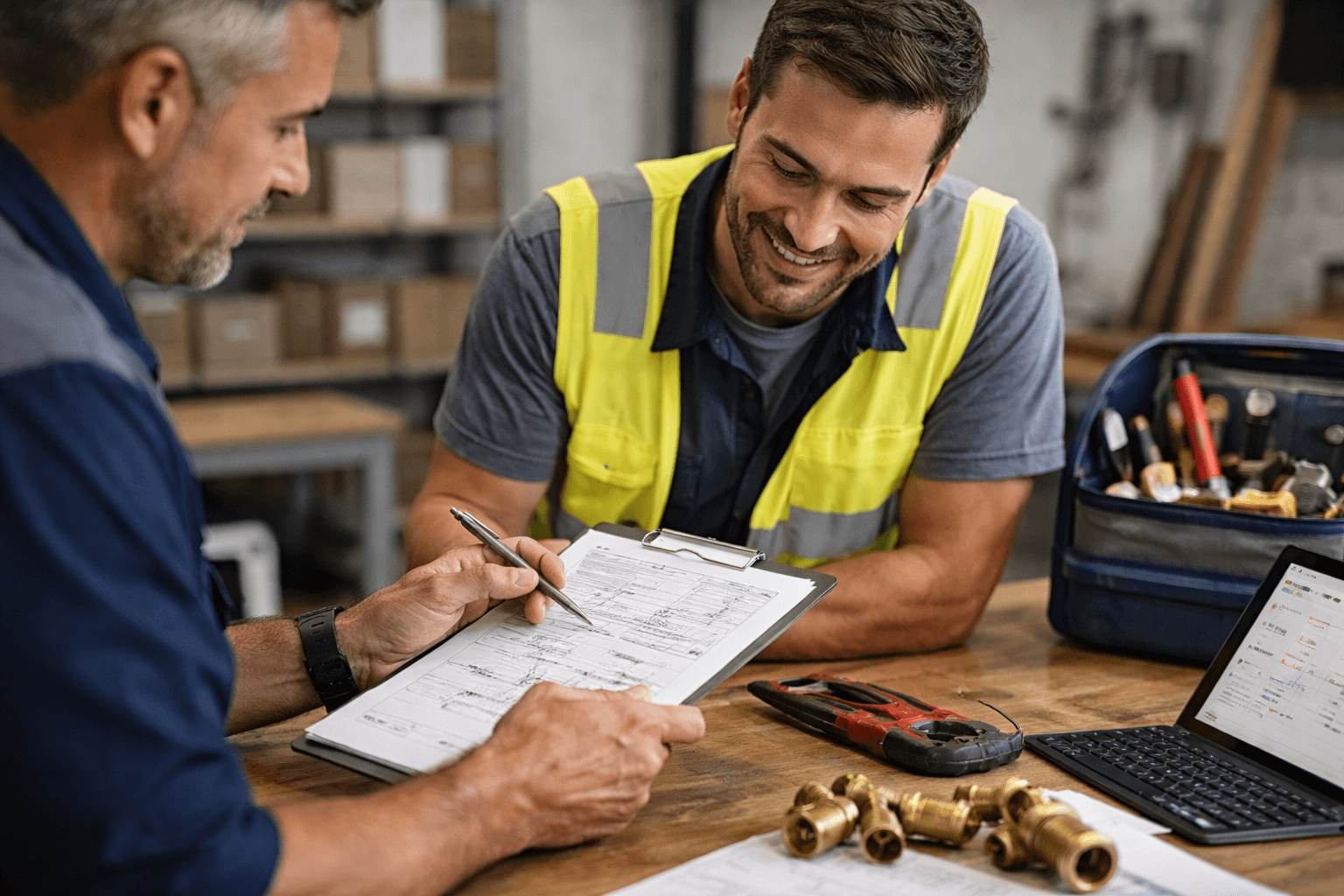 Two men in work attire review documents at a workshop table with plumbing tools, brass fittings, and an open laptop. One man wears a yellow safety vest and is smiling.