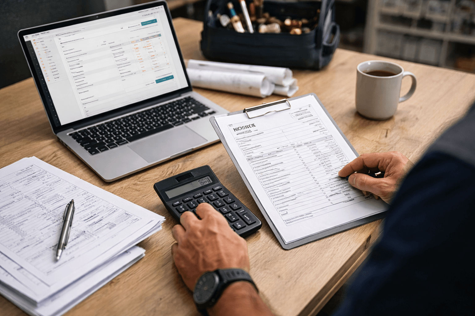 Person using a calculator and checking an invoice at a desk, with paperwork, a laptop displaying spreadsheets, and a cup of coffee nearby.