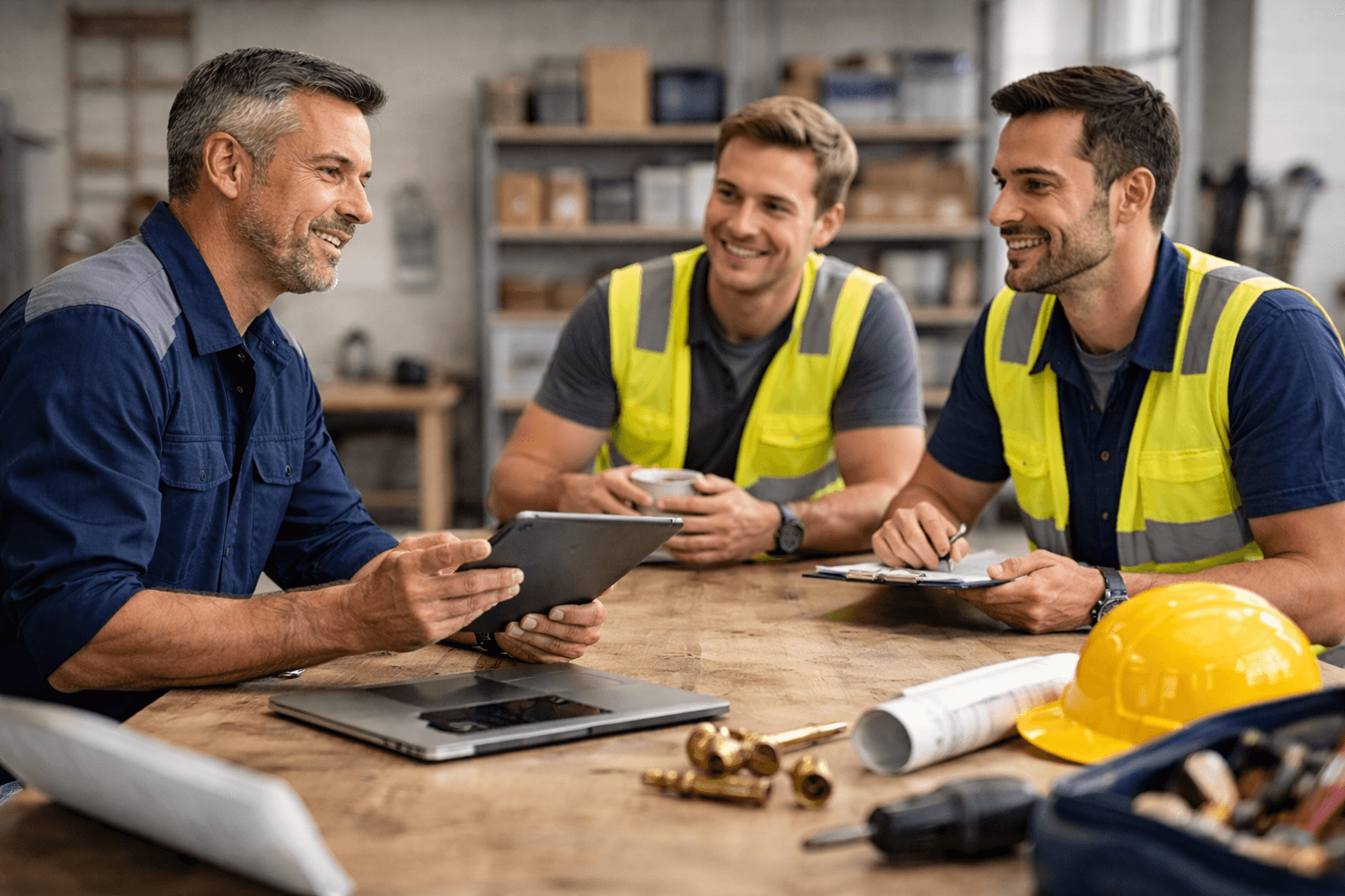 Three men in safety vests sit at a table in a workshop, discussing plans with a tablet and clipboard. Construction tools and a yellow hard hat are on the table.