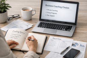 Person taking notes about coaching options at a desk with a laptop displaying "Business Coaching Choices" and various documents, coffee, and a plant nearby.