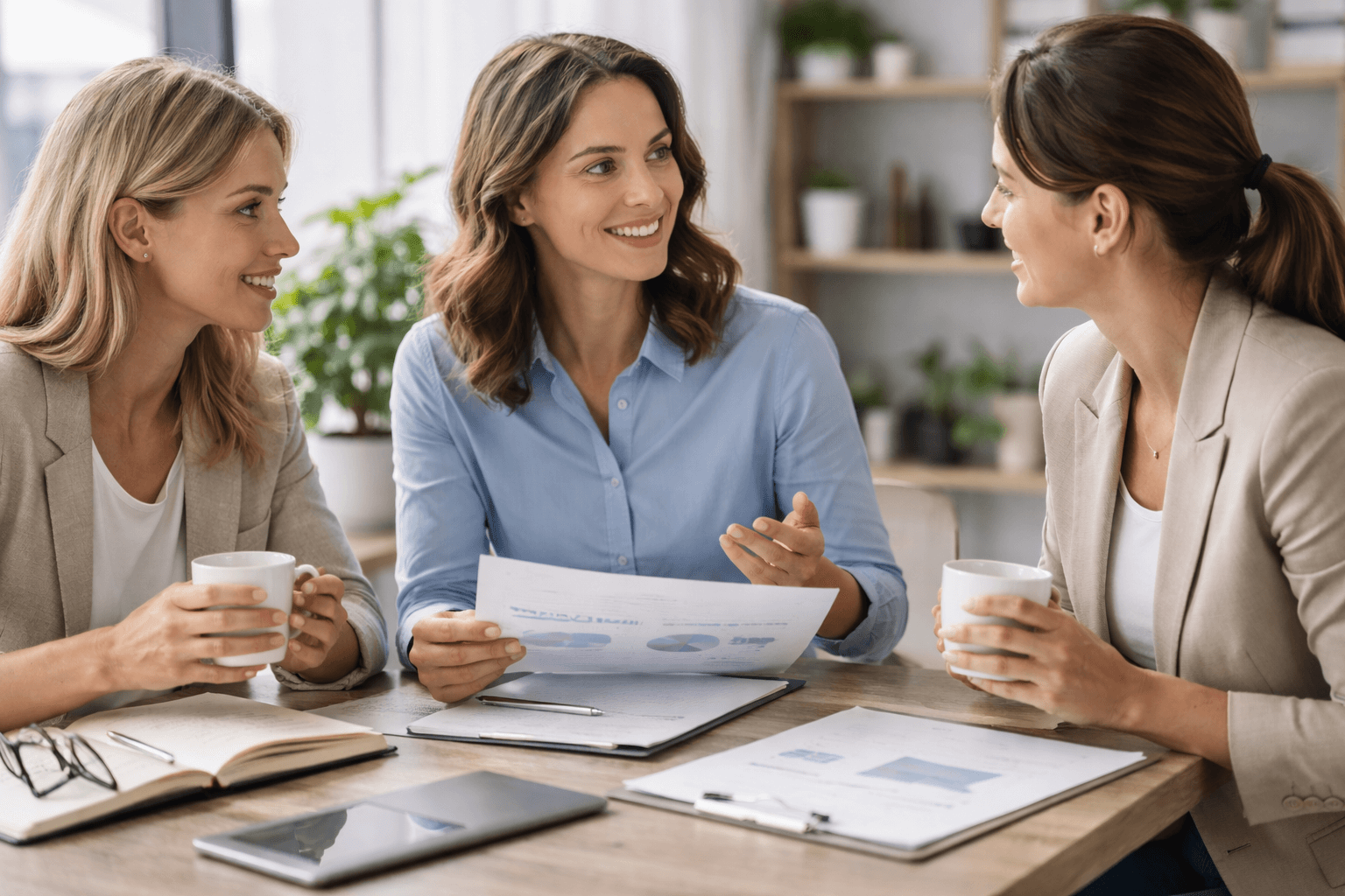 Three women sit at a table with documents, a laptop, and coffee cups, having a discussion in a bright, modern office setting.