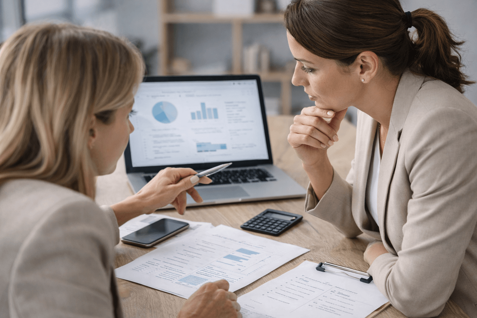 Two women in business attire discuss financial documents at a desk with a laptop displaying charts, a calculator, a smartphone, and papers.