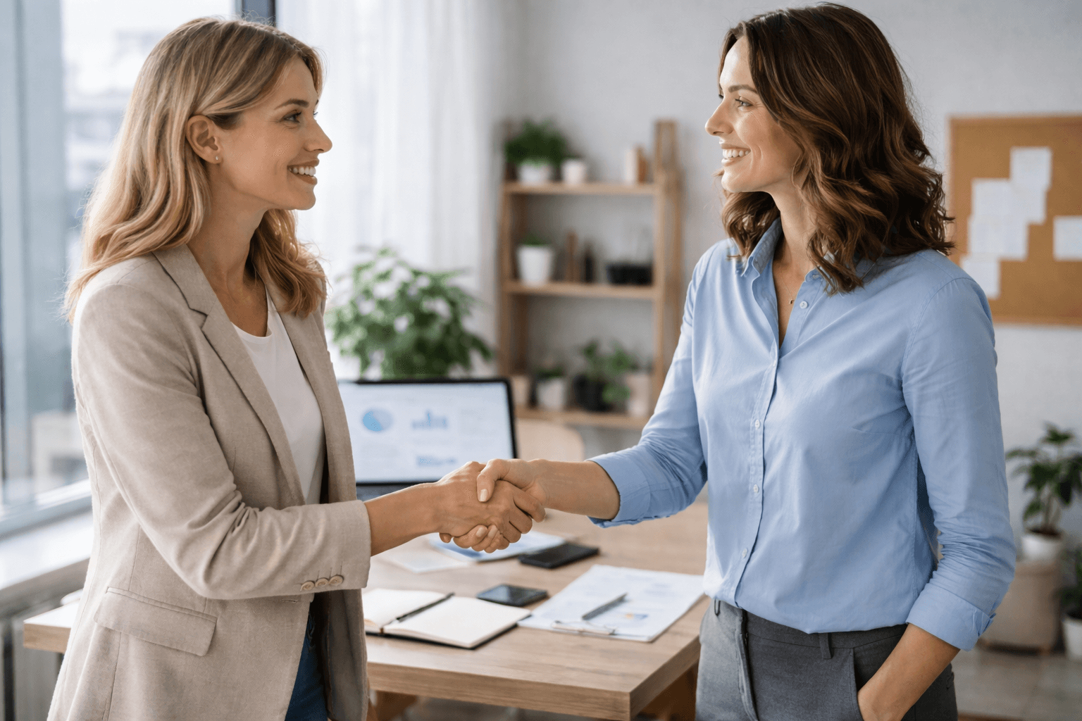 Two women in business attire are shaking hands and smiling in an office setting, with a desk, laptop, and documents visible in the background.