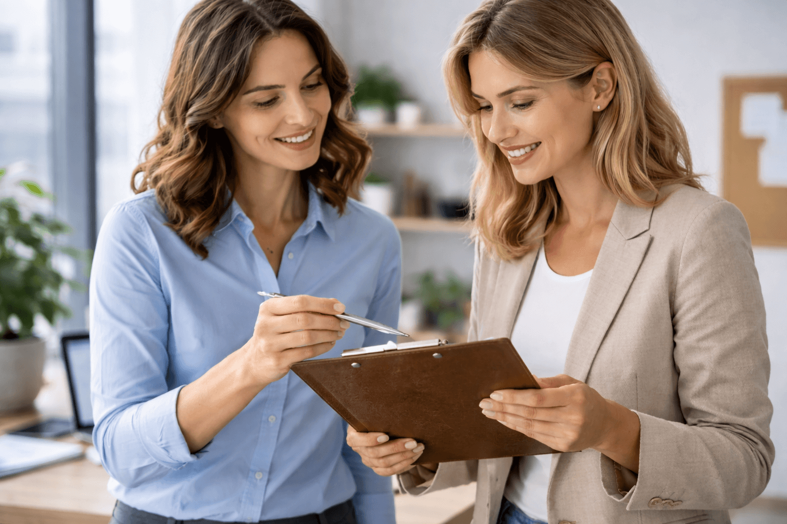 Two women in business attire review and discuss notes on a clipboard in a bright office setting.