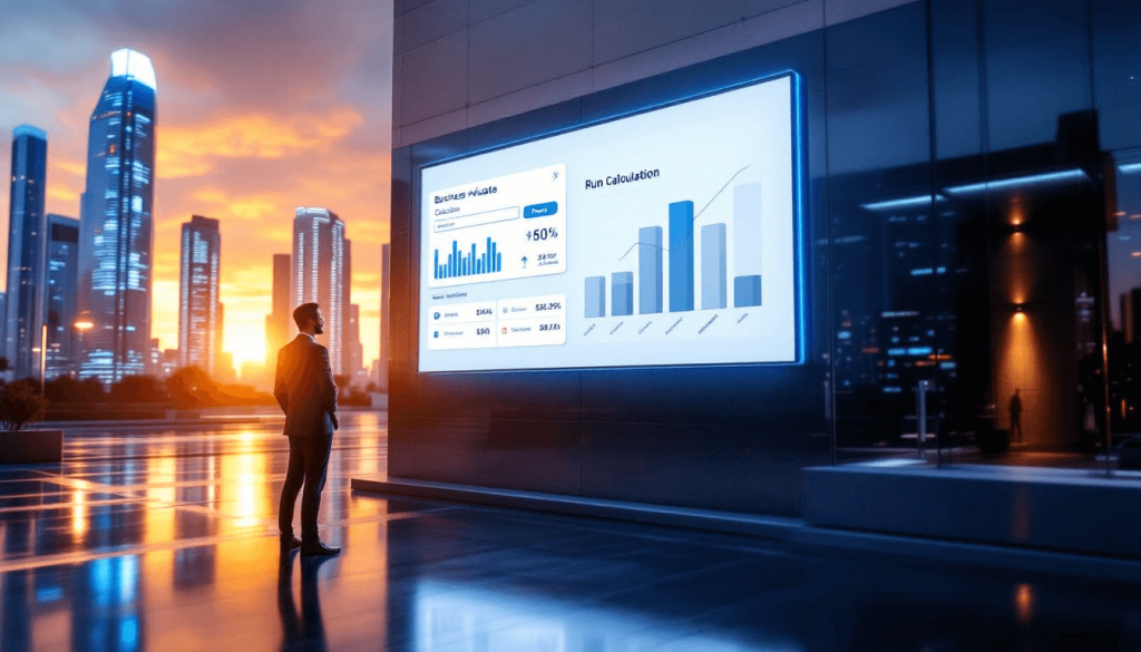 A person in a suit examines a large digital screen, utilizing the value of my business calculator as charts and graphs illuminate against the city skyline at sunset.