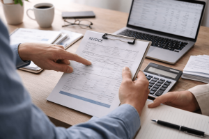 Two people review an invoice on a clipboard at a desk with a laptop, calculator, coffee cup, and paperwork.