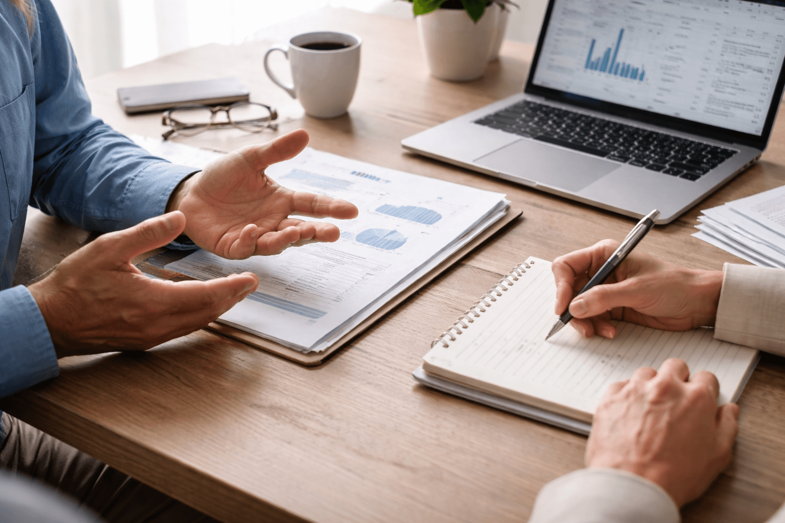 Two people sit at a desk with financial charts, a notepad, and a laptop; one talks with hand gestures while the other takes notes.