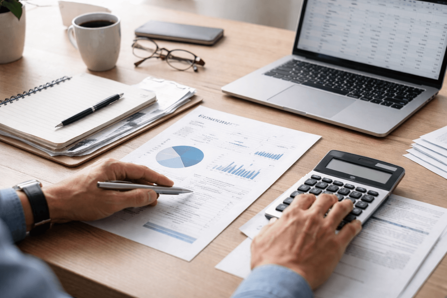 Person using a calculator and reviewing financial graphs and charts on paper at a desk with a laptop, notebook, and coffee cup.