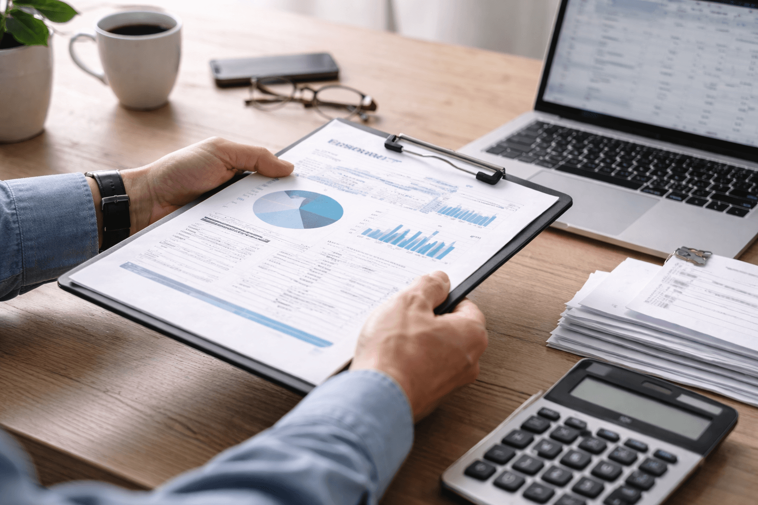 Person reviewing financial charts and graphs on a clipboard at a desk with a laptop, calculator, documents, and coffee cup.
