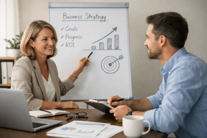 Two people in a business meeting discuss a flip chart showing goals, progress, ROI, a bar graph, and a target diagram. A laptop and documents are on the table.