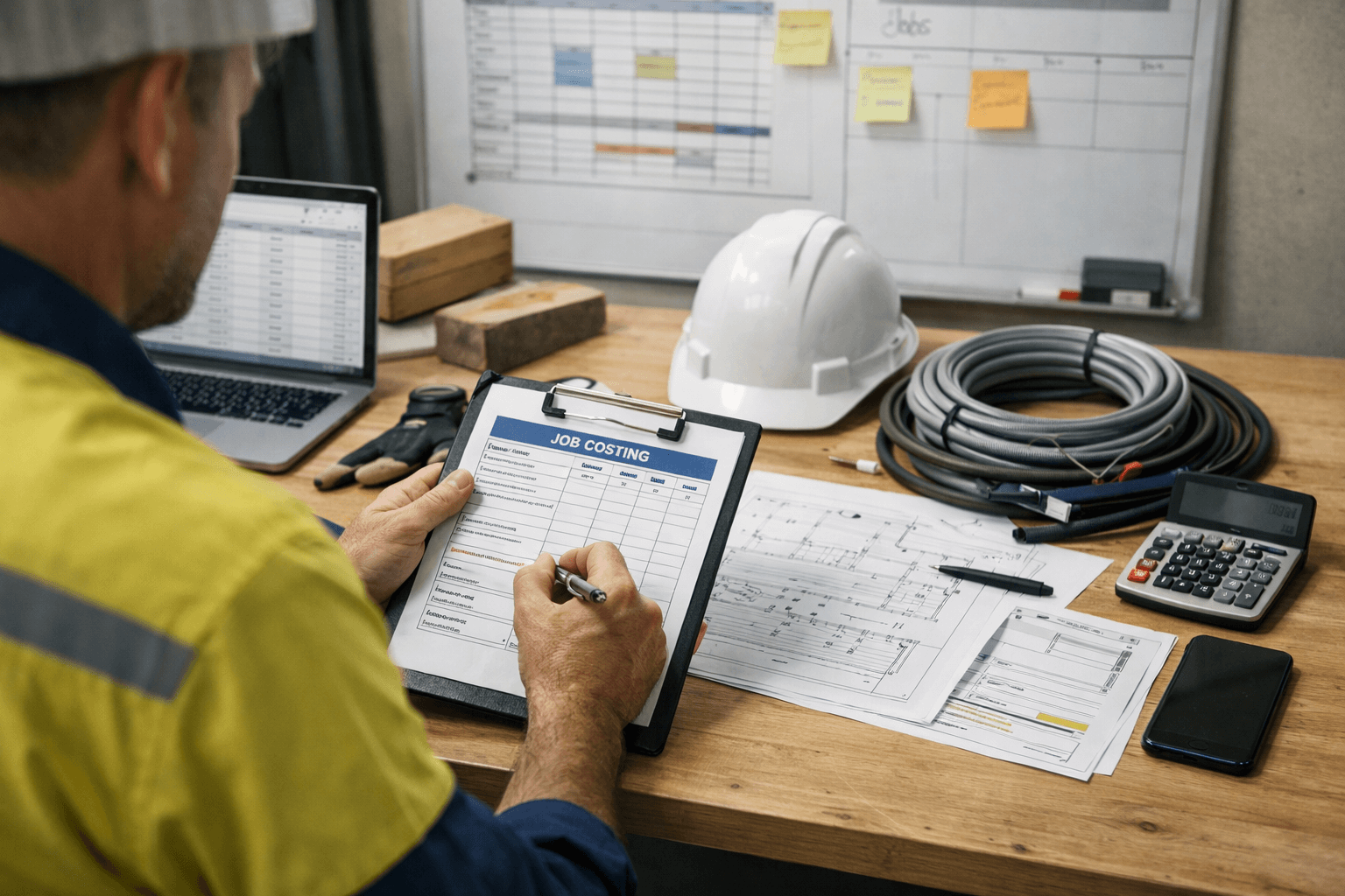 Person in safety gear fills out a job costing form at a desk with construction plans, a hard hat, laptop, calculator, and coiled electrical cable.