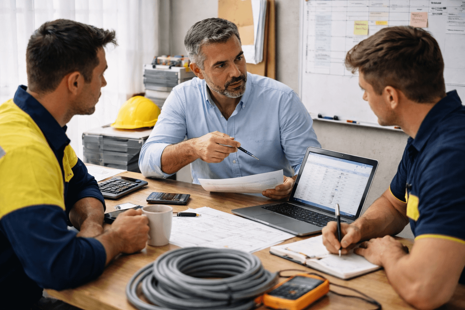 Three men in work uniforms sit at a desk with documents, a laptop, tools, and a coiled cable, discussing plans in an office setting.