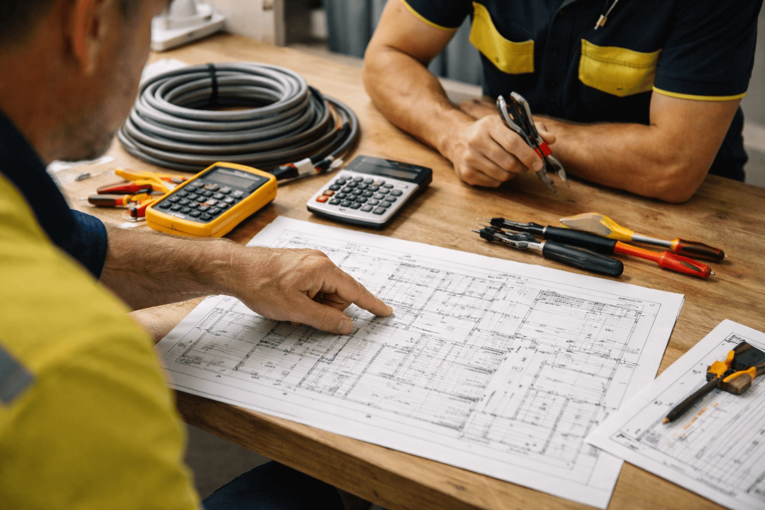 Two people review blueprints at a table with tools, wires, and calculators, discussing construction or engineering plans.
