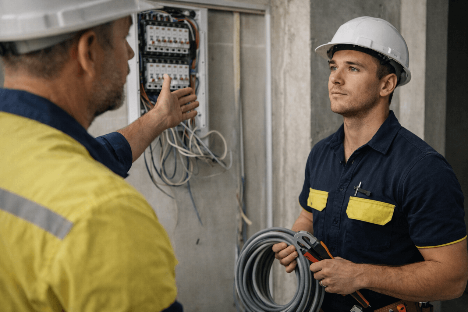 Two male electricians wearing hard hats discuss wiring in front of an open electrical panel. One holds tools and cable, the other gestures toward the panel.