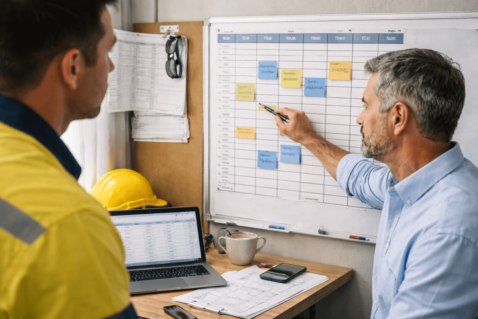 Two men reviewing a whiteboard schedule with color-coded notes; one points to tasks with a pen. A laptop, paperwork, and a yellow hard hat are on the desk nearby.