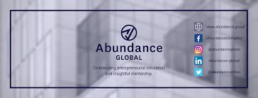 Abundance Global logo with website and social media icons on a grey background; text reads, "Outstanding entrepreneurial education and insightful mentorship from a leading entrepreneur coach in Brisbane.