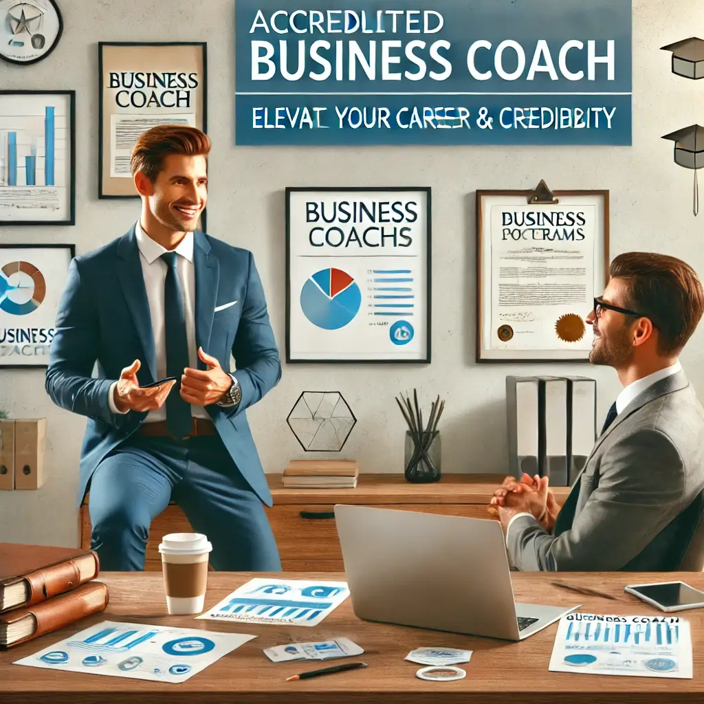 Two men in a professional setting. One stands and gestures while the other sits, both dressed in business attire. Meeting props include charts, documents, and coffee. Office decor promotes business coaching.