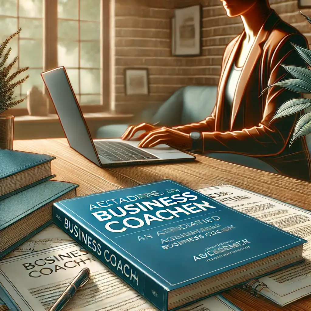 A person works on a laptop at a desk cluttered with papers and a book titled "Accredited Business Coach." A plant and a window with sunlight visible in the background.