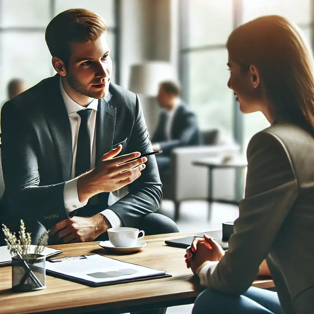 Two professionals in business attire converse at a table with documents, a pen, and a coffee cup. The setting appears to be a modern office with large windows.