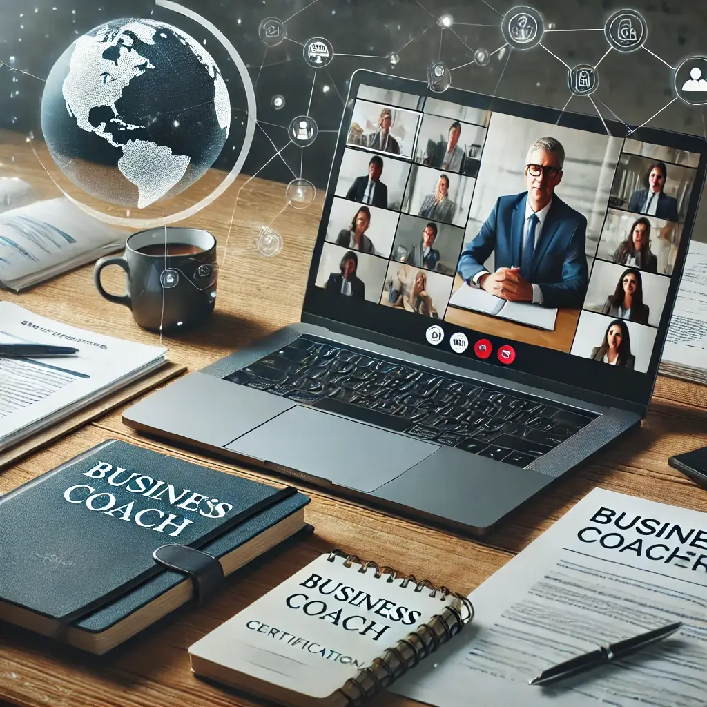 A laptop displaying a virtual business meeting, surrounded by business coach books, a notepad, and office supplies on a wooden desk. A digital globe with interconnected icons is also visible.