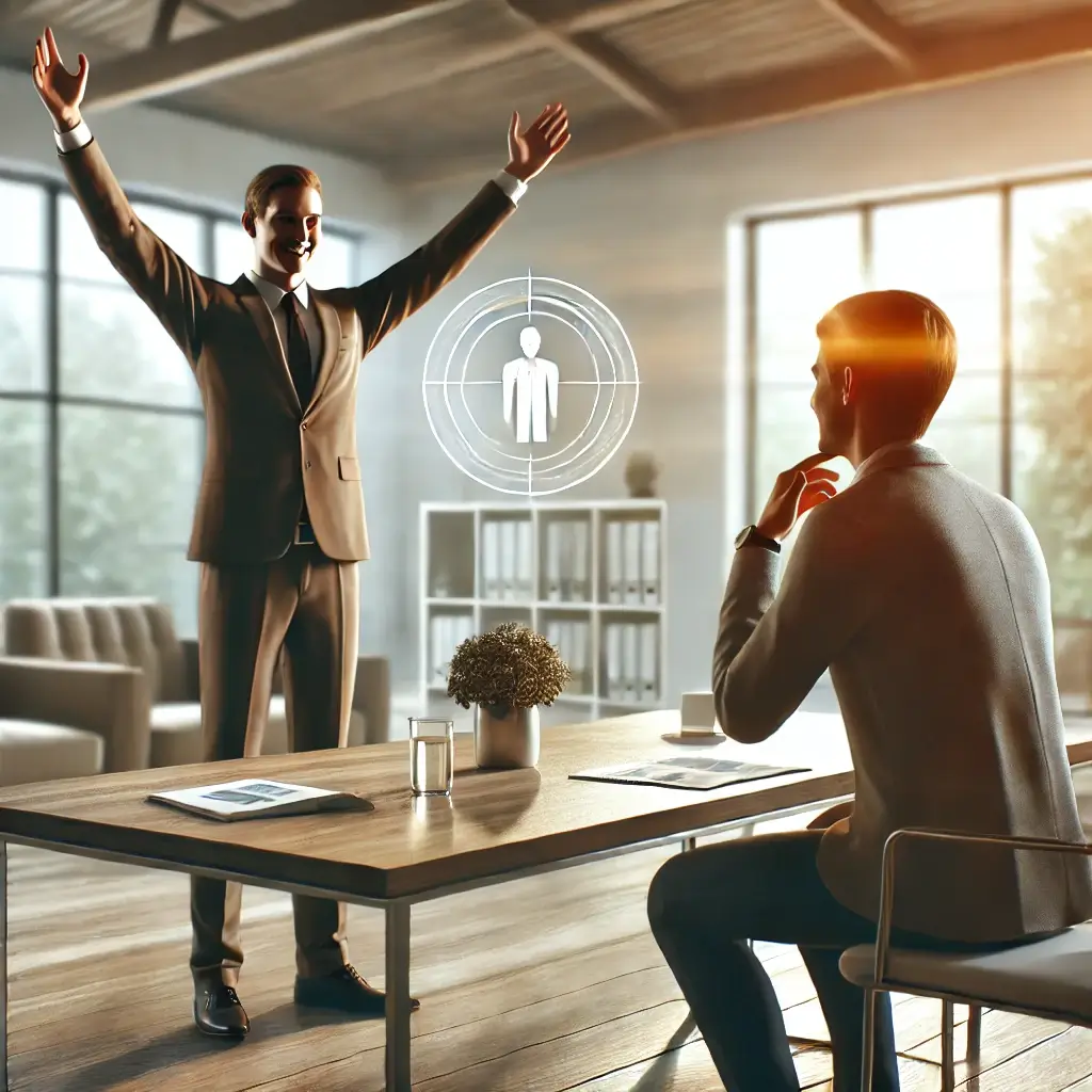 Two people in a modern office, one standing with arms raised and the other sitting at a desk with a thoughtful pose. A digital overlay symbol of a person is visible between them.
