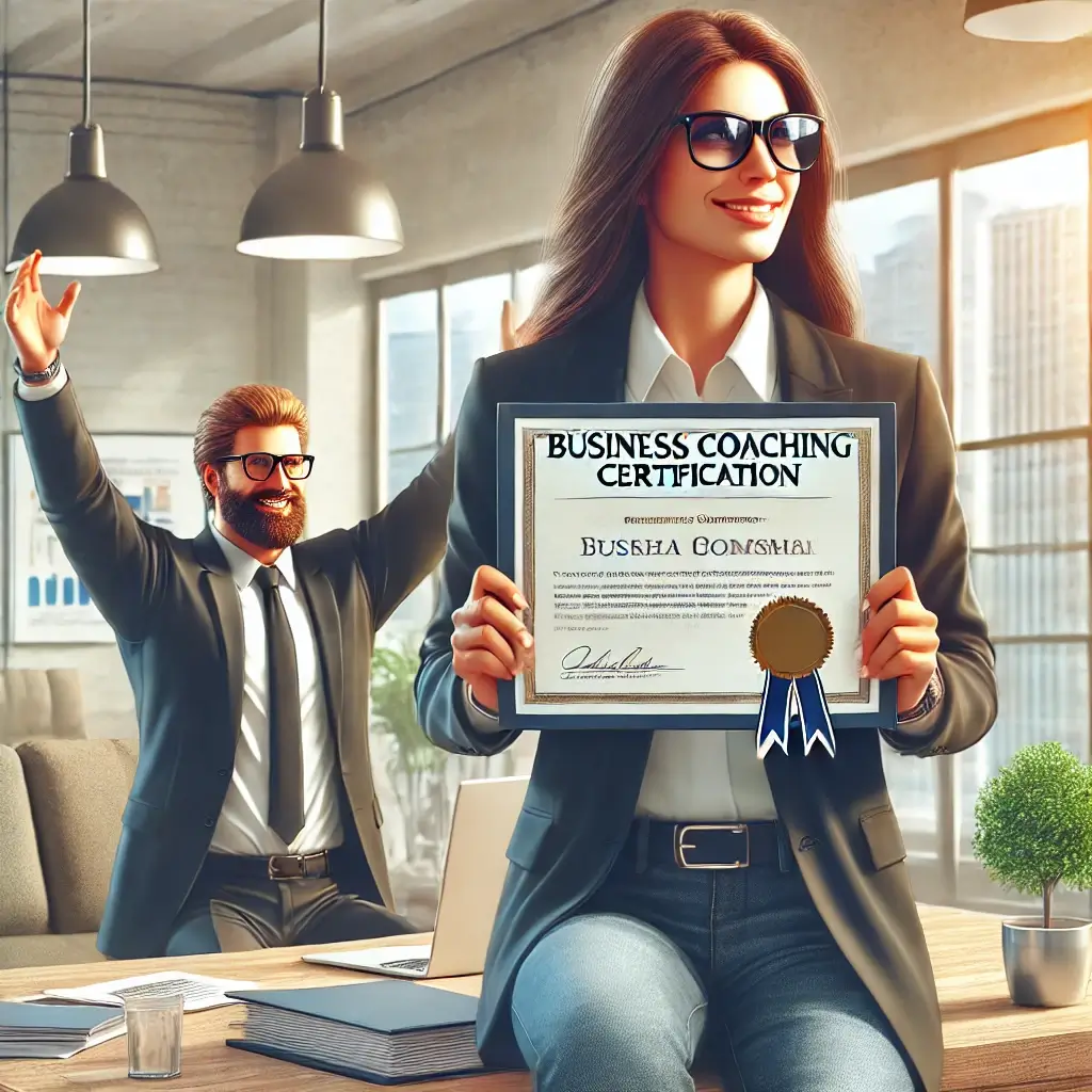 A woman in a business suit holds a "Business Coaching Certification" with a blue ribbon. A man in a suit stands behind her, raising his arms enthusiastically in an office setting.