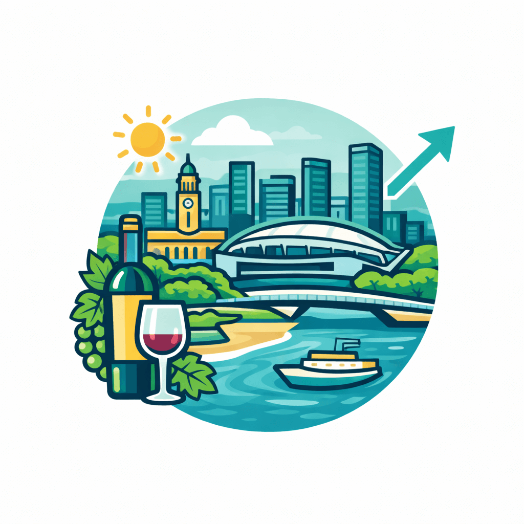 Illustration of Adelaide’s city skyline with a waterfront, a boat, wine bottle and glass in the foreground, sunny weather, and an upward arrow indicating growth or improvement.
