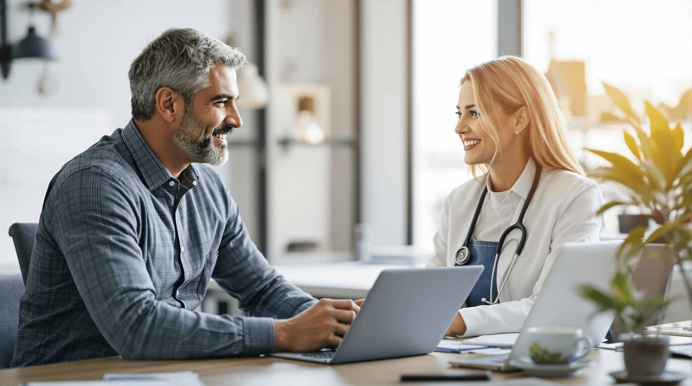 A doctor with a stethoscope and a patient are sitting at a desk, smiling at each other while using laptops in a well-lit office.