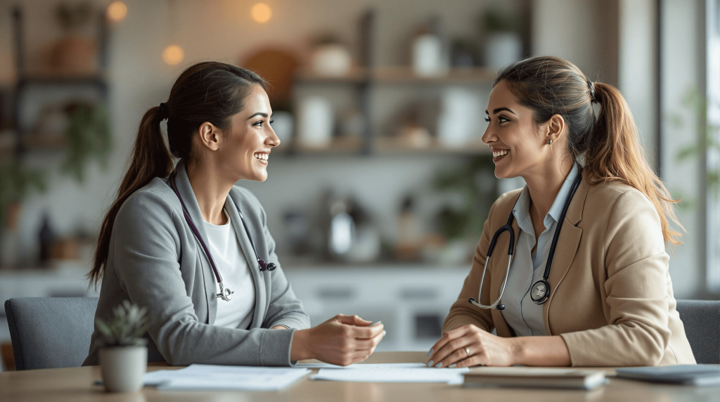 Two women, both wearing stethoscopes, sit at a table in a well-lit room, exuding professionalism and camaraderie. They exchange smiles over papers spread before them, perhaps discussing insights from their allied health business. Shelves with plants and decor create a welcoming backdrop.
