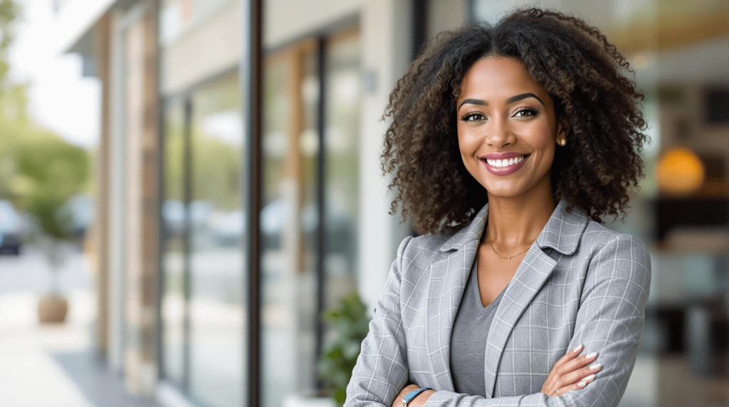 A woman in a gray plaid blazer, embodying the confidence of an allied health business coach, smiles with arms crossed as she stands poised in front of a building with large windows.