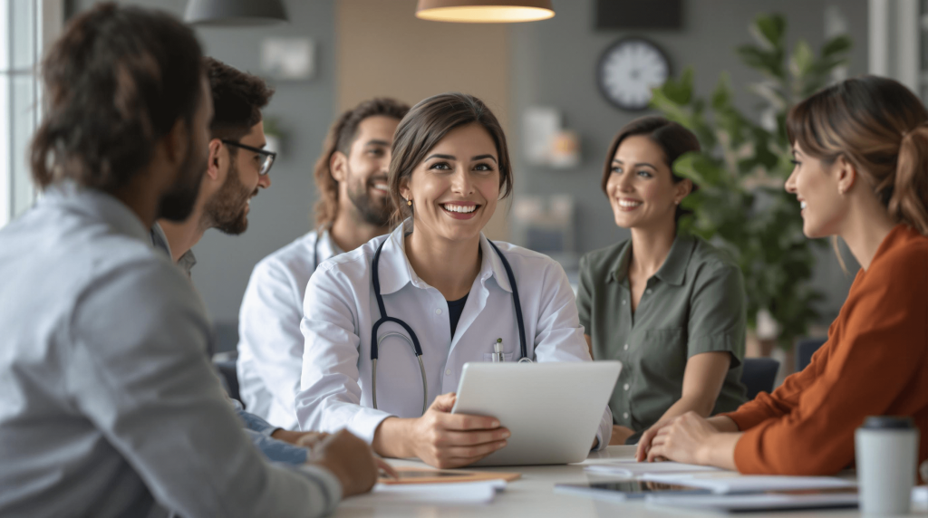 A group of allied health professionals sits around a table in a meeting. The person at the center, wearing a white coat and stethoscope, smiles while holding a tablet, resembling a business coach guiding the team.