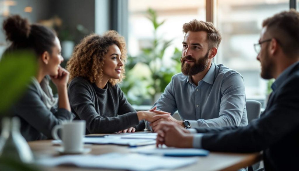 Four people, including a business coach, are engaged in a discussion around a table in a well-lit office setting.