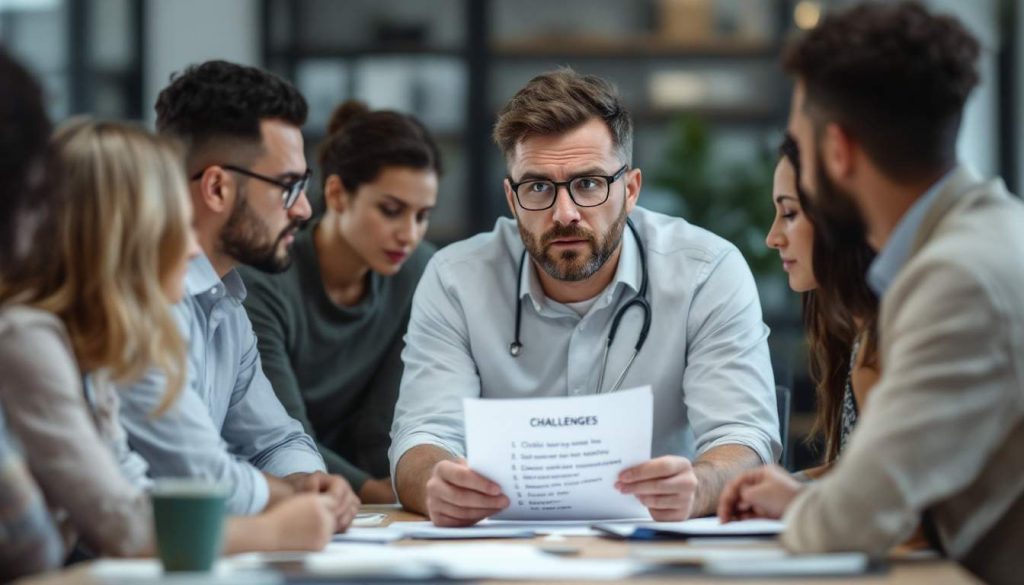 A group of people sit around a table in an office setting. A man in the center, likely an allied health business coach, holds papers labeled "Challenges," wearing glasses and a stethoscope.
