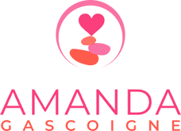 Logo with a pink heart and stacked shapes above the name "Amanda Gascoigne" in bold pink and orange letters, reflecting her focus on business coaching for accountants.