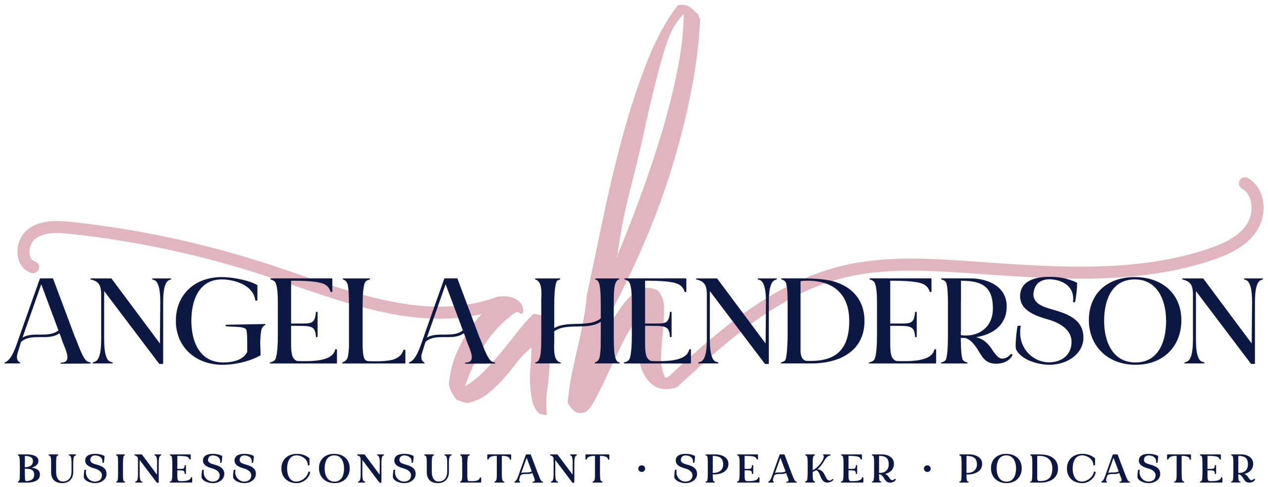 Logo with the name "Angela Henderson" in dark blue, a pink script "ah" behind it, and the words "Entrepreneur Coach Brisbane • Business Consultant • Speaker • Podcaster" below.