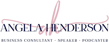 Logo for Angela Henderson with her initials in script behind her name. Text below reads: "Business Consultant · Speaker · Podcaster · Business Coach for Entrepreneurs Australia".