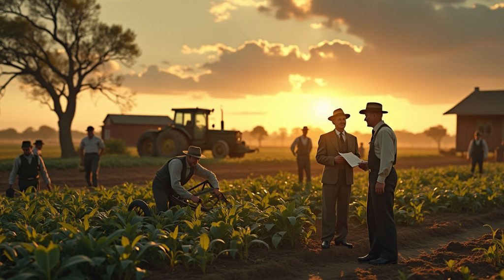 As the sun sets over the field, farmers in Australia work tirelessly with a tractor in the background. Meanwhile, two men in suits engage in a discussion about Australia's financial year, poring over documents that hold their focus against the evening glow.