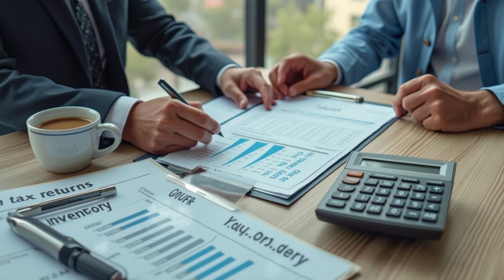 Two people review financial documents and graphs at a table, calculator and pen in hand, with a coffee cup nearby. They're focused on gearing up for Australia's financial year, planning strategies to optimize their investments.
