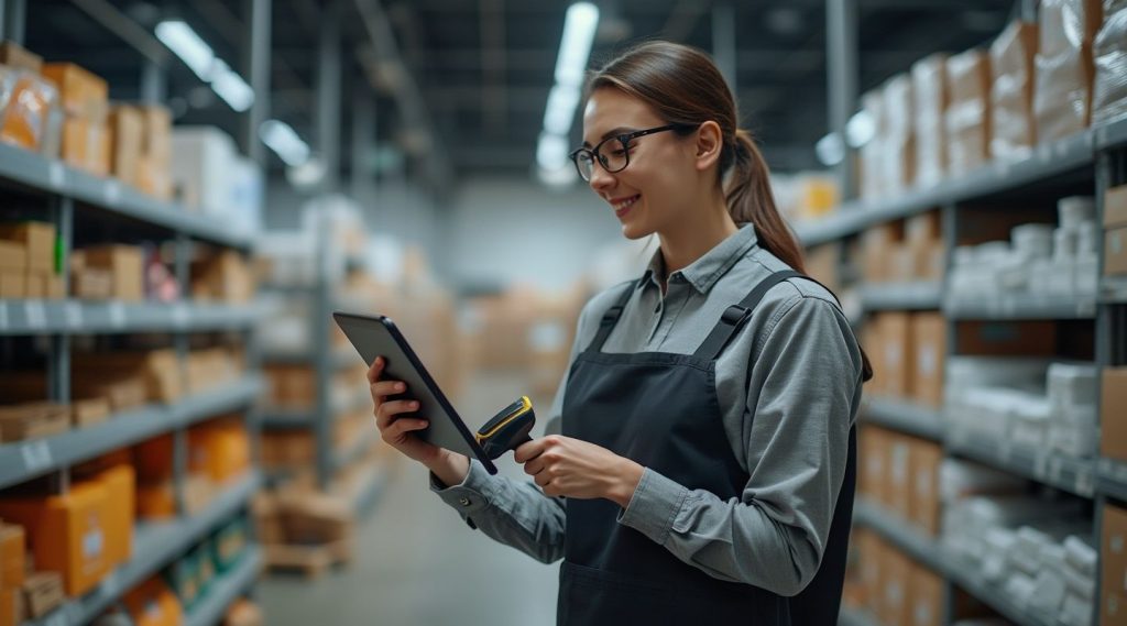 In a bustling warehouse during Australia's financial year, a woman with glasses efficiently uses a tablet while holding a barcode scanner, surrounded by towering shelves of boxes.