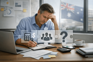 Man sitting at desk with financial documents, calculators, and coffee, contemplating puzzle pieces showing calculator, dollar sign, group, and question mark; Australian flag in background.
