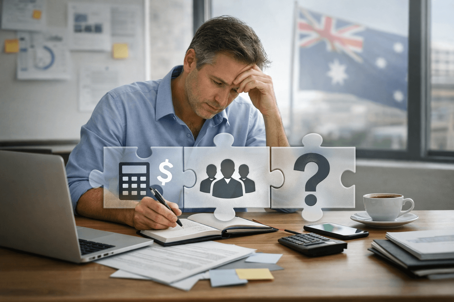 Man sitting at desk with financial documents, calculators, and coffee, contemplating puzzle pieces showing calculator, dollar sign, group, and question mark; Australian flag in background.