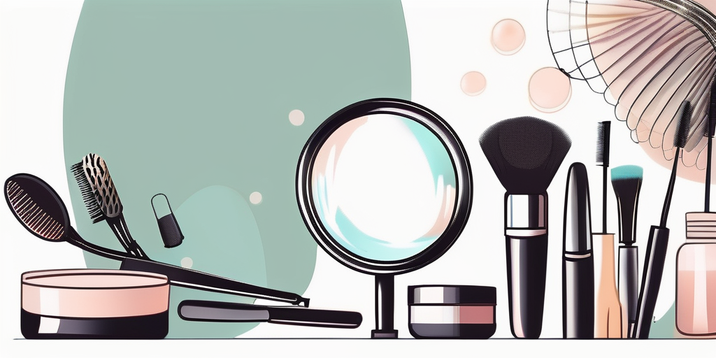 An assortment of cosmetic products and beauty tools, including a mirror, brushes, and makeup items.