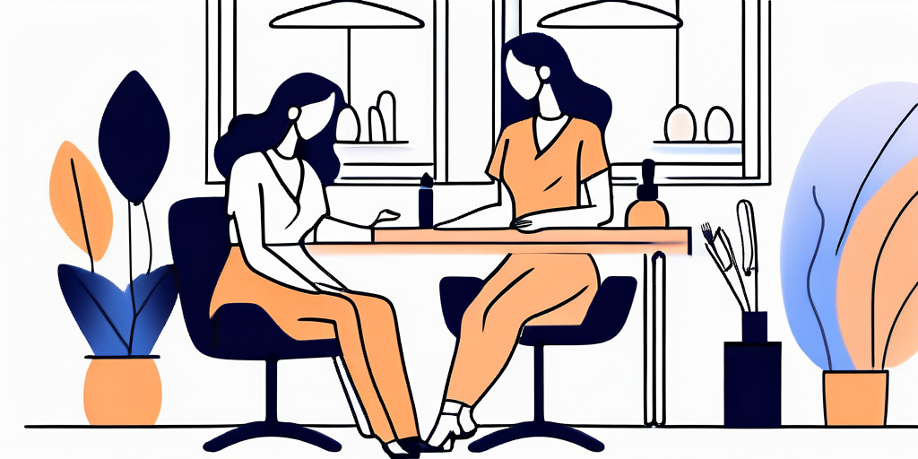 Two individuals engaged in a conversation at a table, with a laptop and decorative elements around them.