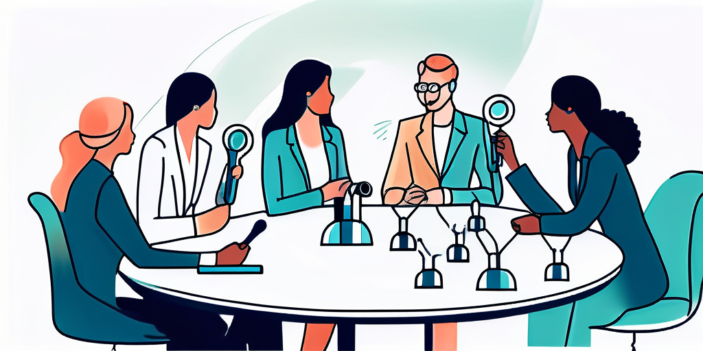 A group of individuals engaged in a discussion, some holding magnifying glasses, symbolizing analysis or scrutiny.