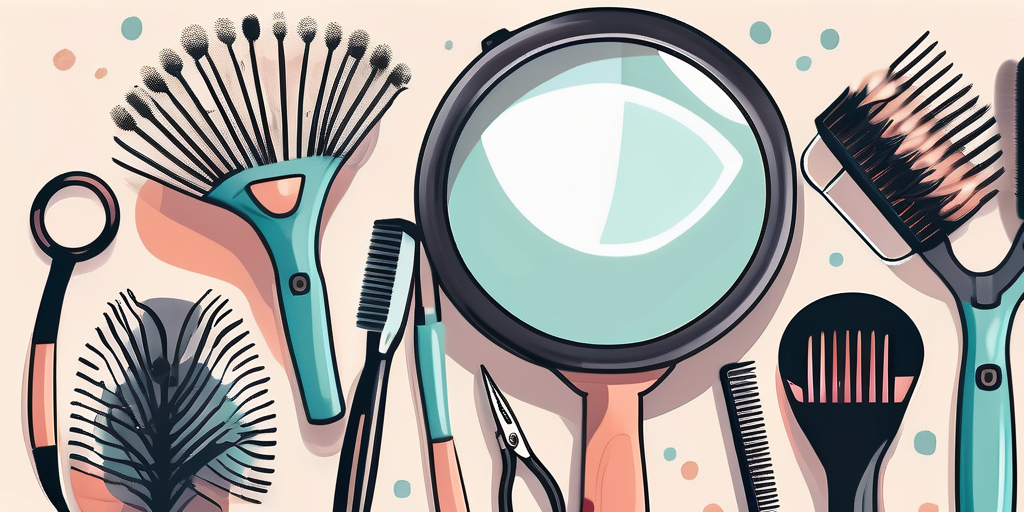 Assorted hairdressing tools and a magnifying mirror on a pastel background.