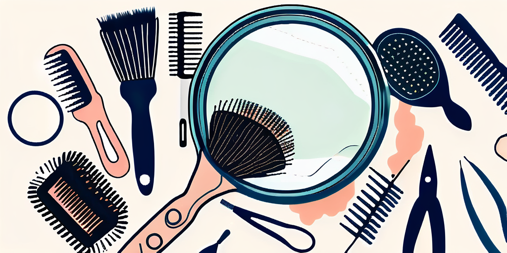 Illustration of various hair styling tools, including brushes, a comb, scissors, and a handheld mirror.