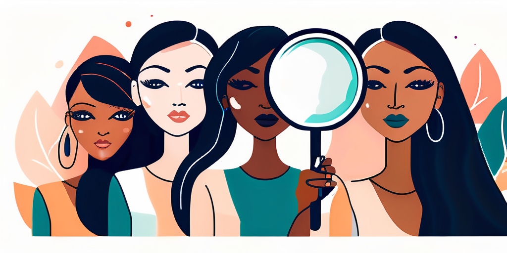 Four diverse illustrated female characters, one holding a magnifying glass, with stylized decorative elements in the background.