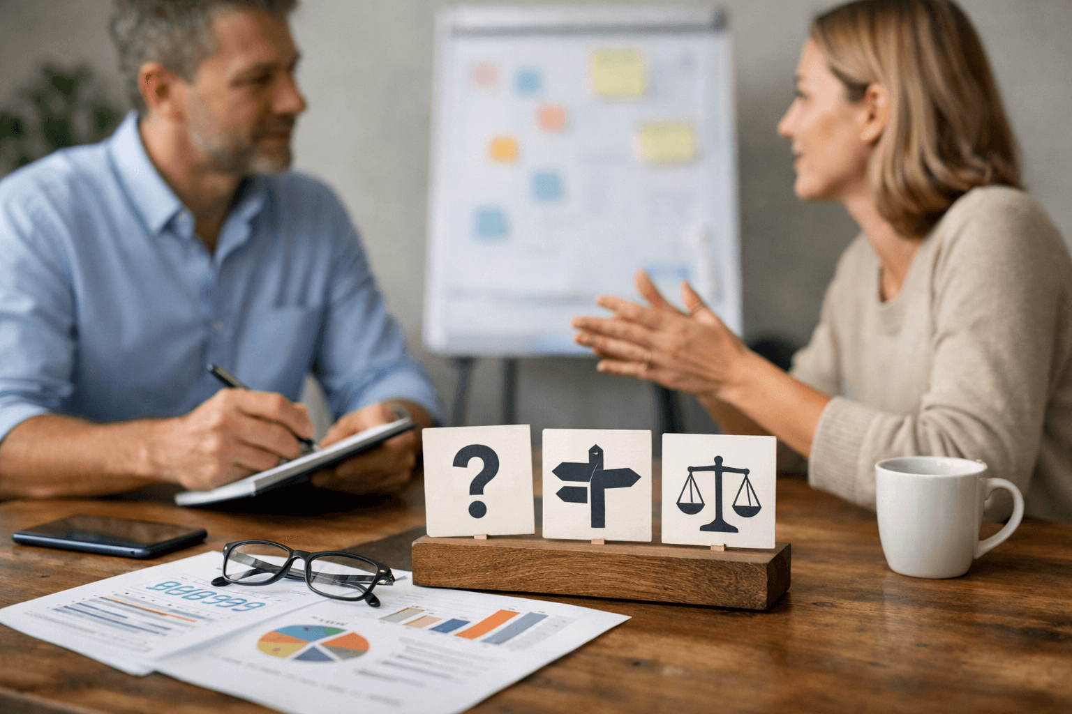 Two people have a discussion at a table with documents, glasses, and signs showing a question mark, direction, and scales, with a flipchart in the background.